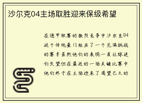沙尔克04主场取胜迎来保级希望