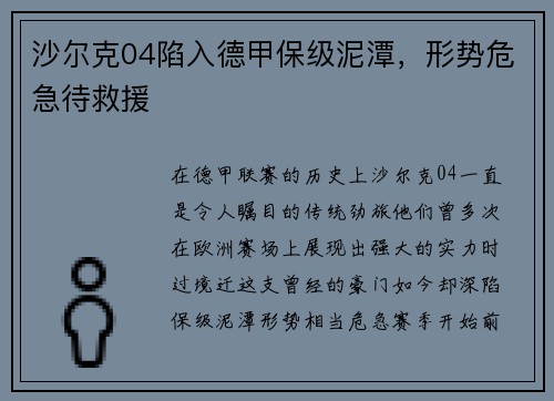 沙尔克04陷入德甲保级泥潭，形势危急待救援